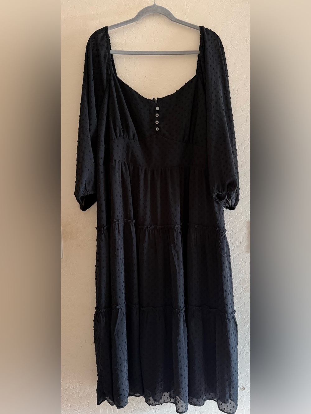 J.Crew, size 20, tiered long-sleeve black midi dress with swiss dot texture